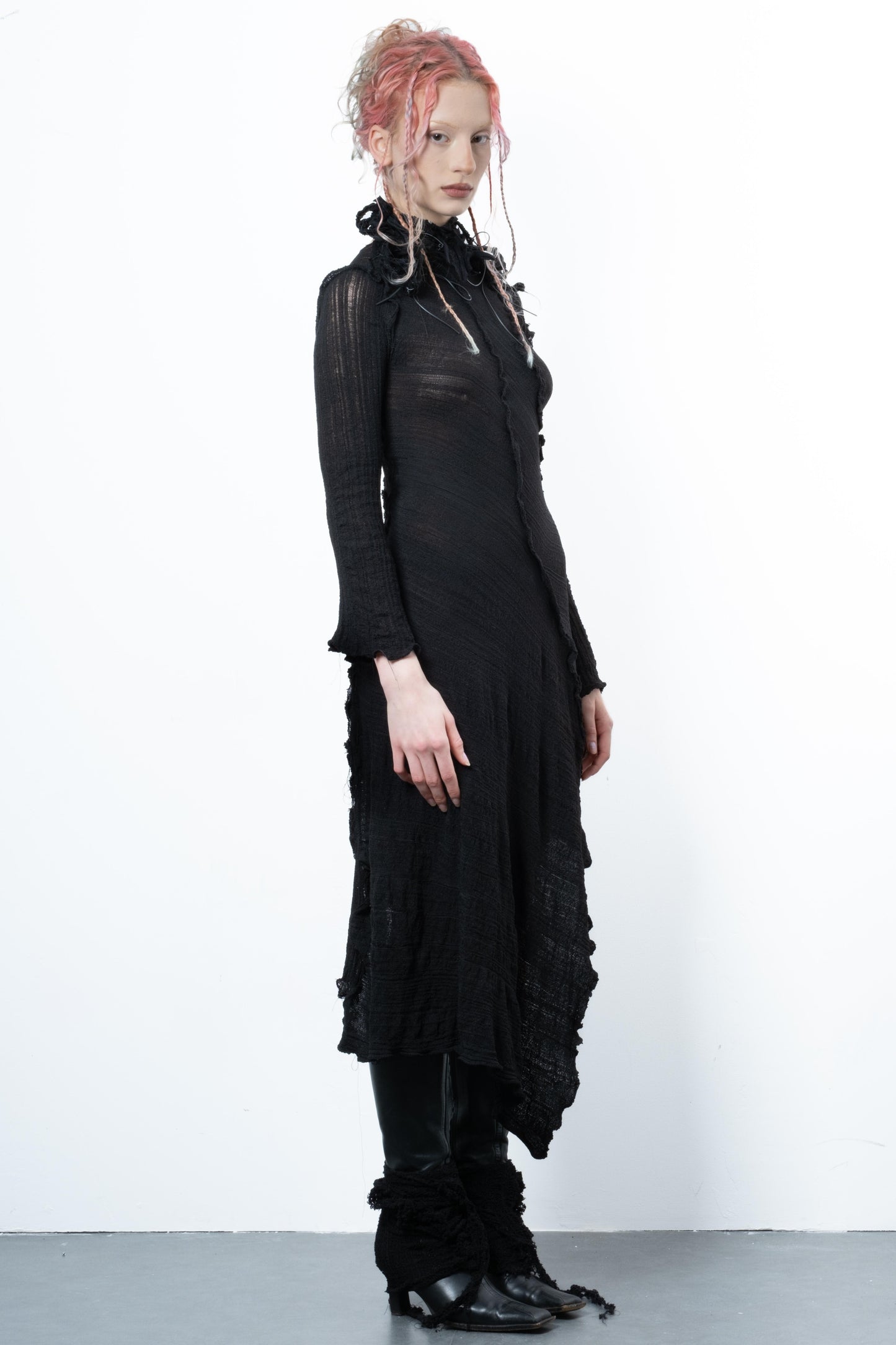 DISTRESSED BLACK DRESS LONG SLEEVE-VÊTEMENT FRAGILE-APOC STORE