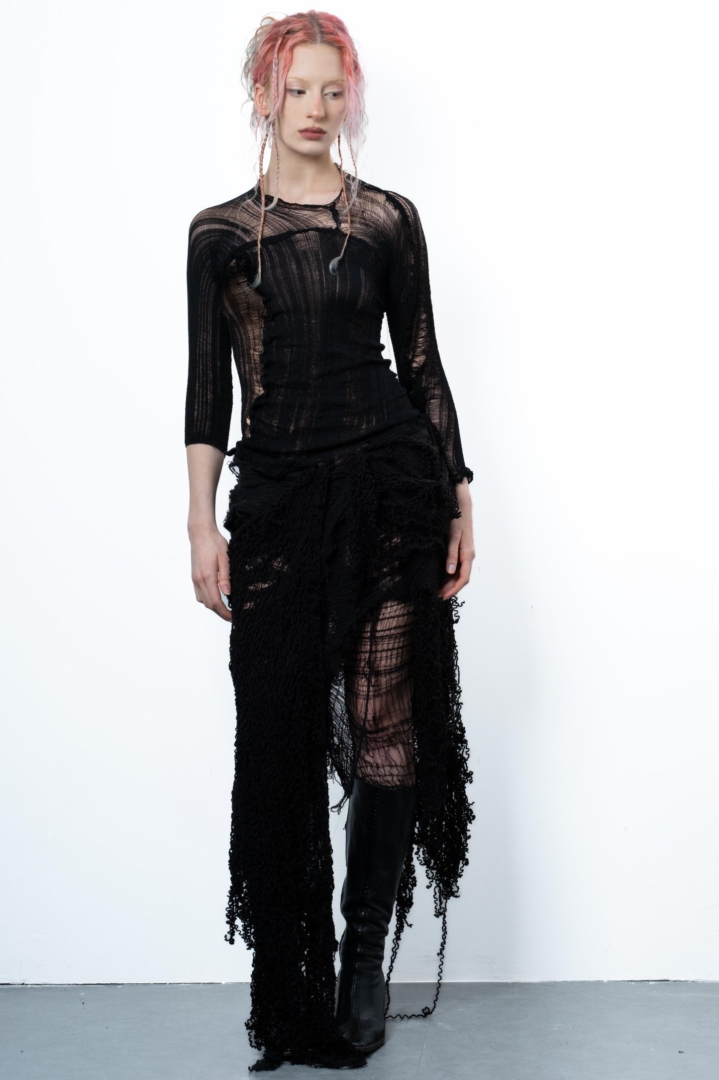 DISTRESSED ASYMETRICAL BLACK TOP LONG SLEEVE-VÊTEMENT FRAGILE-APOC STORE