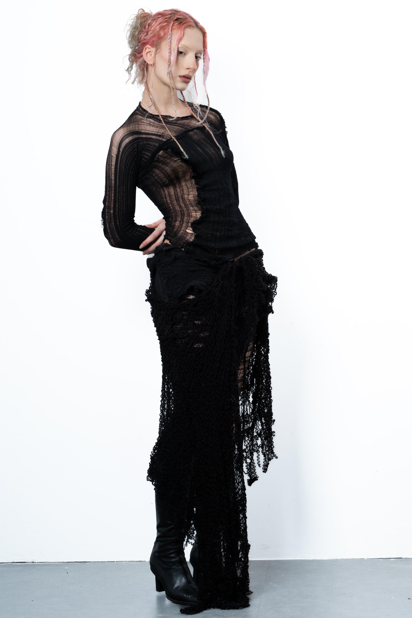 DISTRESSED ASYMETRICAL BLACK TOP LONG SLEEVE-VÊTEMENT FRAGILE-APOC STORE