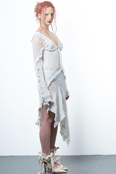 DISTRESSED PURE WHITE DRESS LONG SLEEVE-VÊTEMENT FRAGILE-APOC STORE