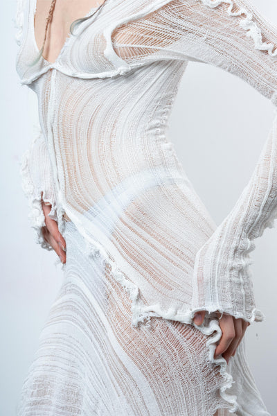 DISTRESSED PURE WHITE DRESS LONG SLEEVE-VÊTEMENT FRAGILE-APOC STORE