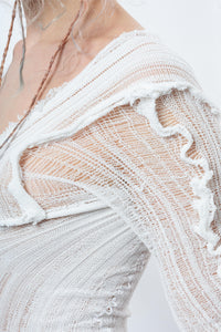 DISTRESSED PURE WHITE DRESS LONG SLEEVE-VÊTEMENT FRAGILE-APOC STORE