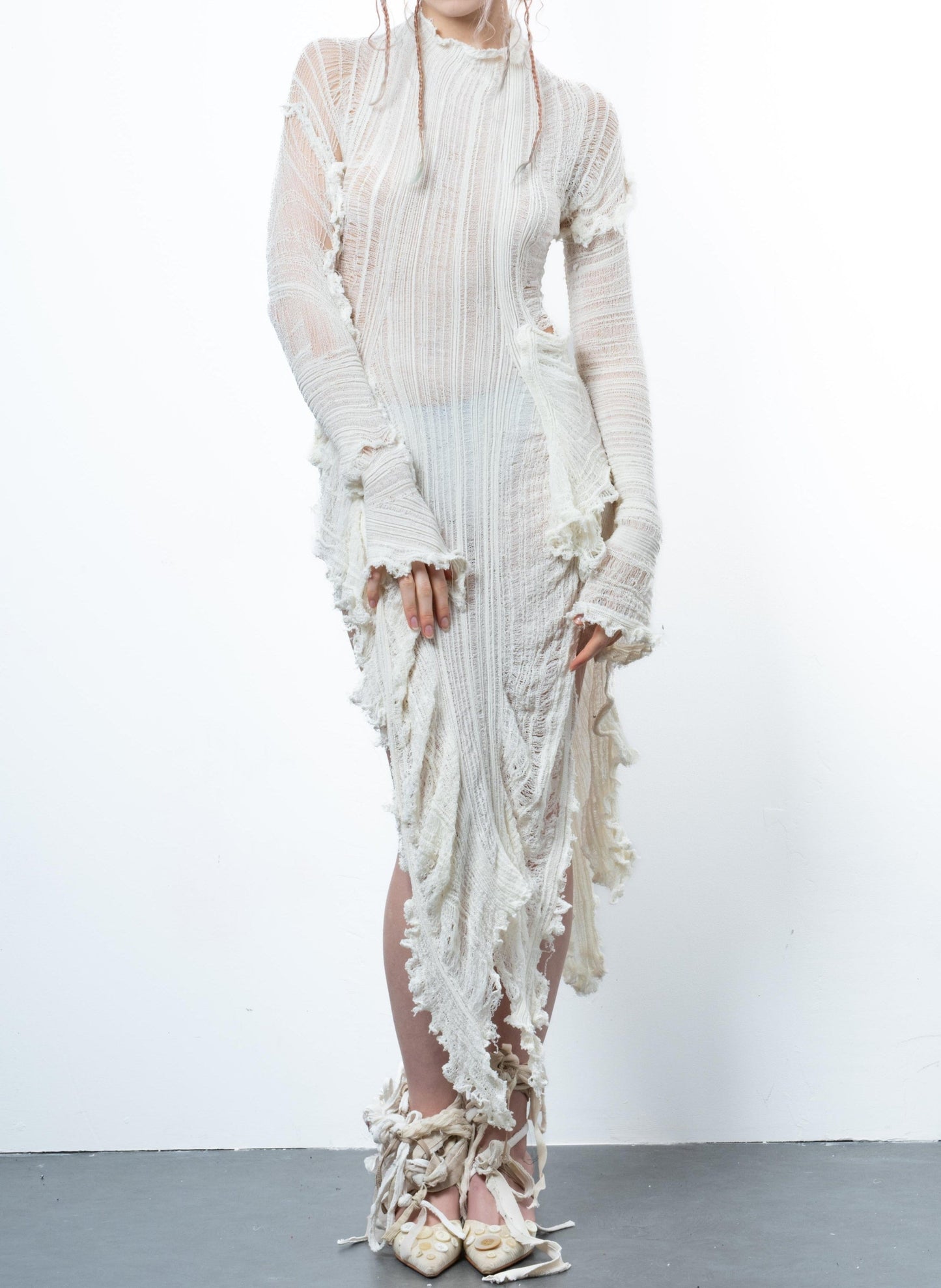 DISTRESSED OFF-WHITE DRESS LONG SLEEVE-VÊTEMENT FRAGILE-APOC STORE