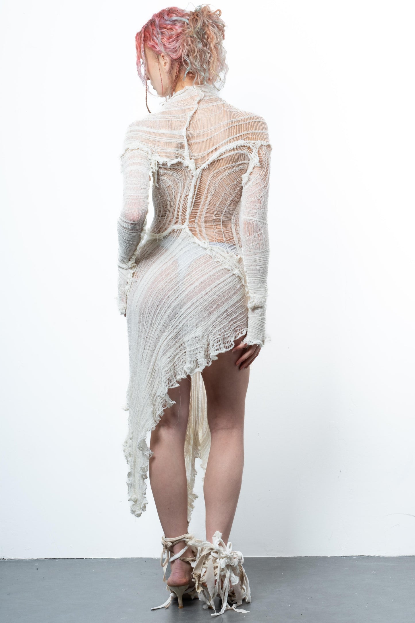 DISTRESSED OFF-WHITE DRESS LONG SLEEVE-VÊTEMENT FRAGILE-APOC STORE