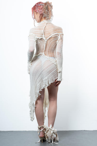 DISTRESSED OFF-WHITE DRESS LONG SLEEVE-VÊTEMENT FRAGILE-APOC STORE