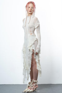 DISTRESSED OFF-WHITE DRESS LONG SLEEVE-VÊTEMENT FRAGILE-APOC STORE