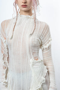 DISTRESSED OFF-WHITE DRESS LONG SLEEVE-VÊTEMENT FRAGILE-APOC STORE