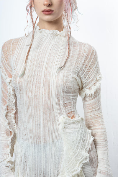 DISTRESSED OFF-WHITE DRESS LONG SLEEVE-VÊTEMENT FRAGILE-APOC STORE