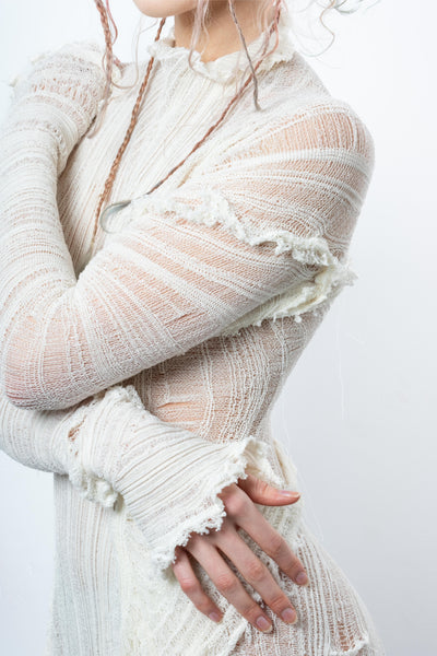 DISTRESSED OFF-WHITE DRESS LONG SLEEVE-VÊTEMENT FRAGILE-APOC STORE