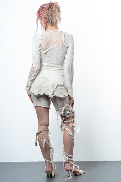 DISTRESSED ASYMETRICAL WHITE TOP LONG SLEEVE-VÊTEMENT FRAGILE-APOC STORE