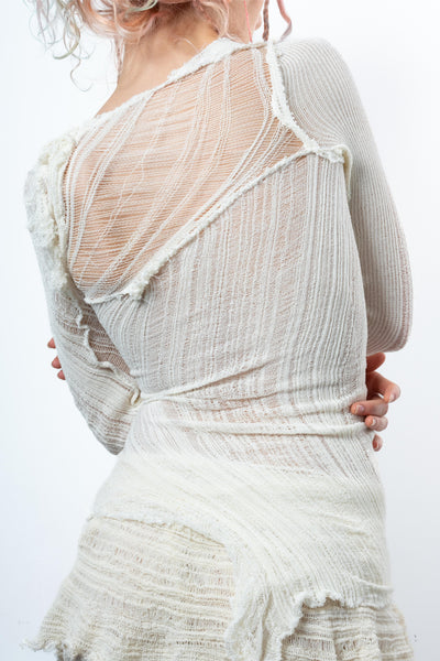 DISTRESSED ASYMETRICAL WHITE TOP LONG SLEEVE-VÊTEMENT FRAGILE-APOC STORE