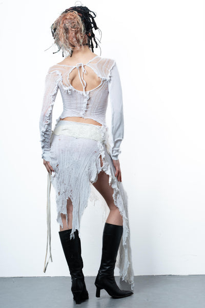 DISTRESSED PURE WHITE TOP LONG SLEEVE-VÊTEMENT FRAGILE-APOC STORE