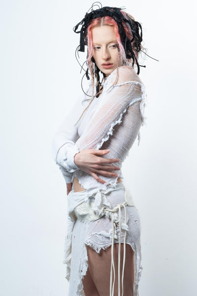 DISTRESSED PURE WHITE TOP LONG SLEEVE-VÊTEMENT FRAGILE-APOC STORE