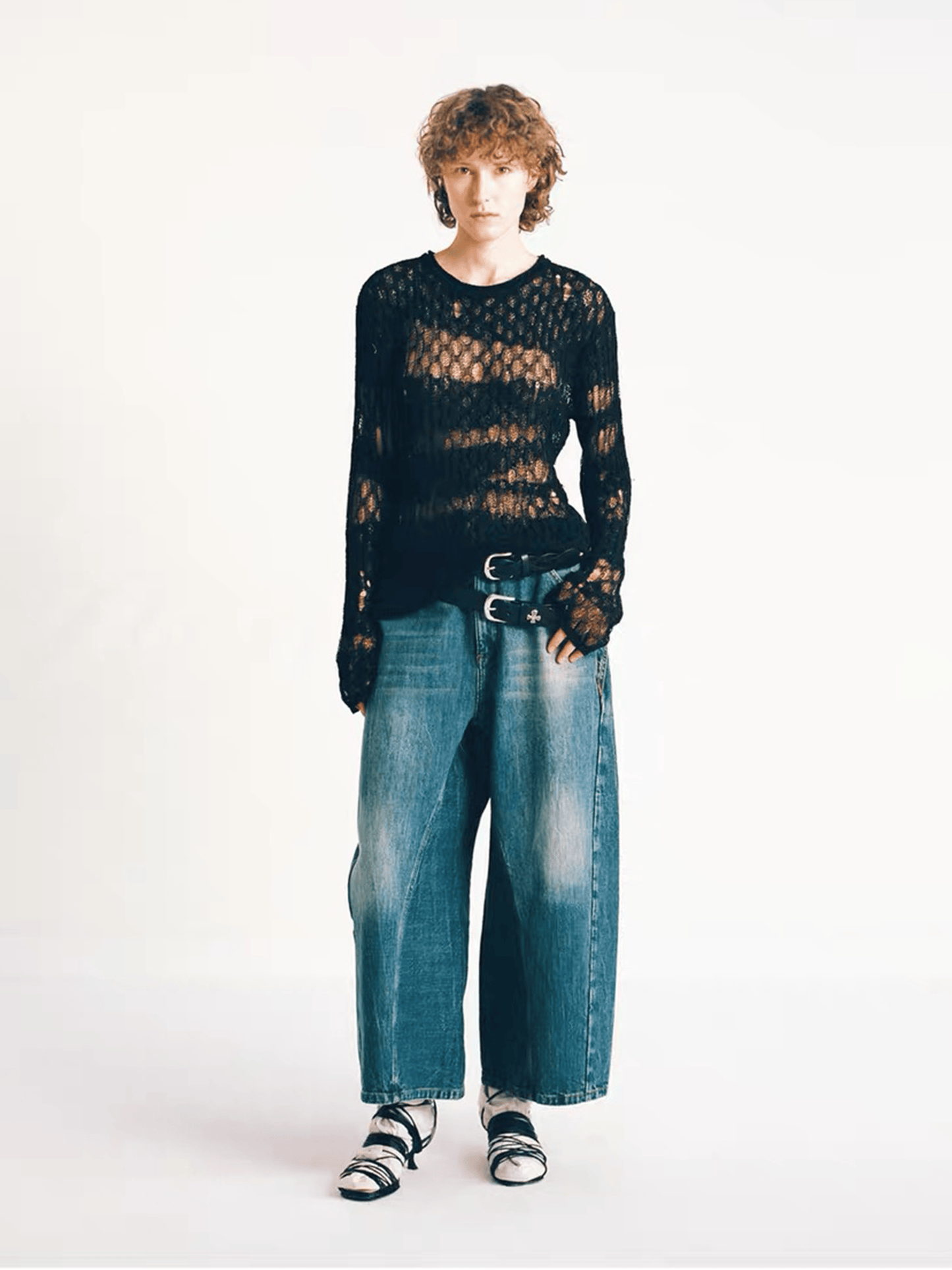 Black Embossed Portrait Leather Belt with Metal Studs-TRINITE Studio-APOC STORE