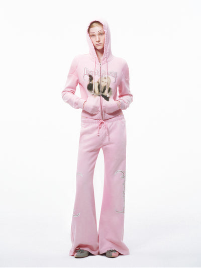 Pink Printing Decorative Flare Sport Pants-TRINITE Studio-APOC STORE