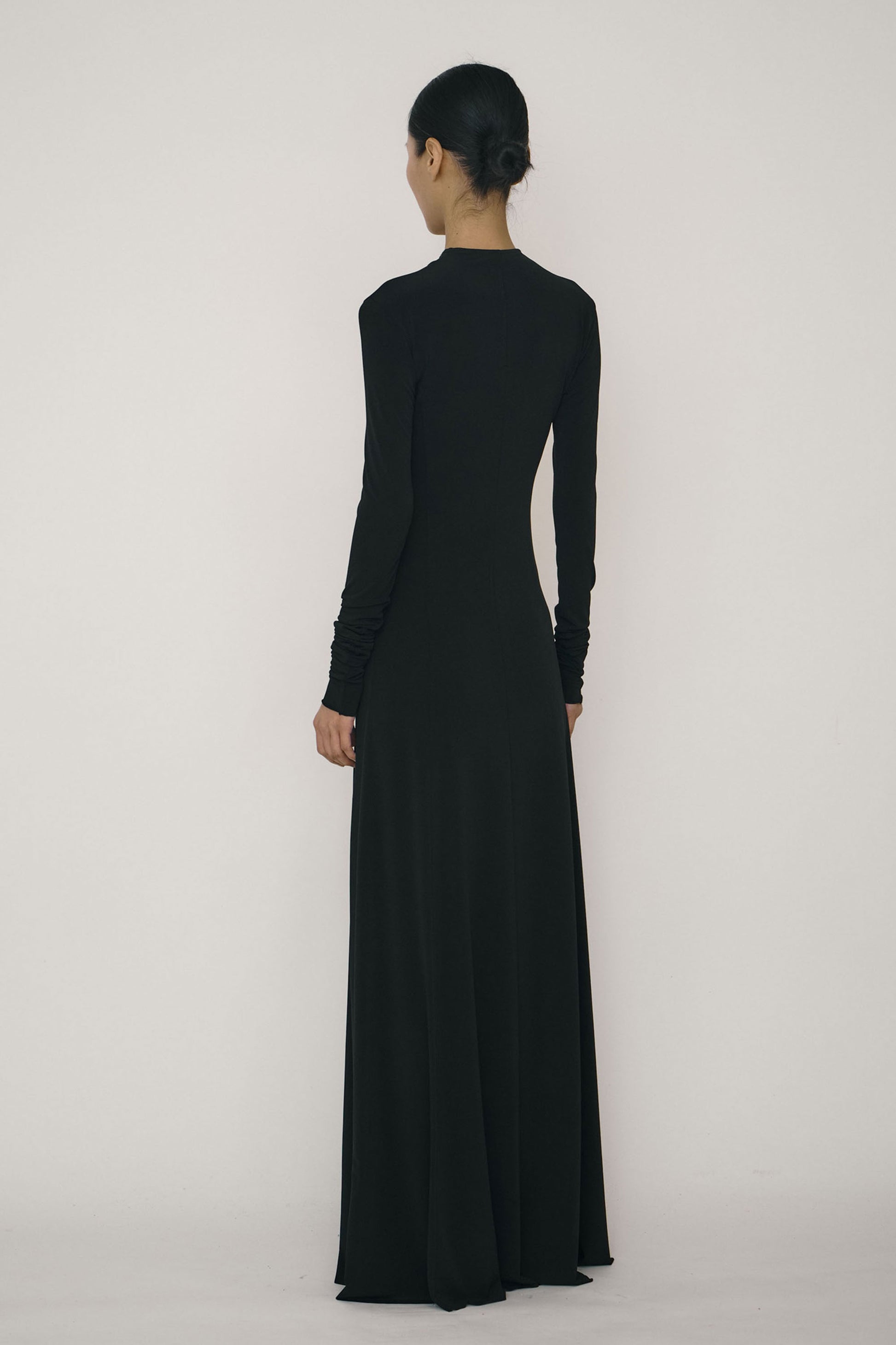 Black Skinny Long-Sleeve Mandarin Collar Flared Maxi Dress-arc us arkus-APOC STORE