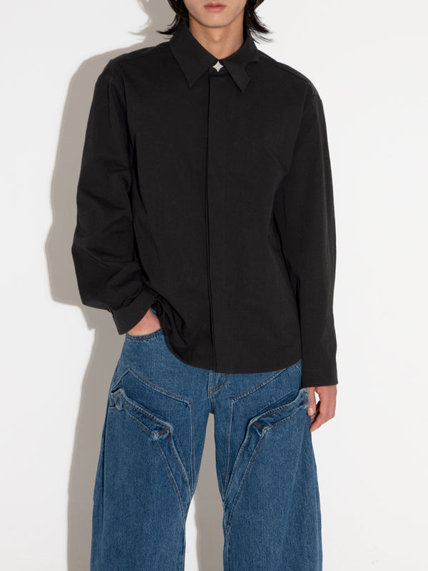 Pleated Hidden Button Shirts Black-Woojun Jang-APOC STORE