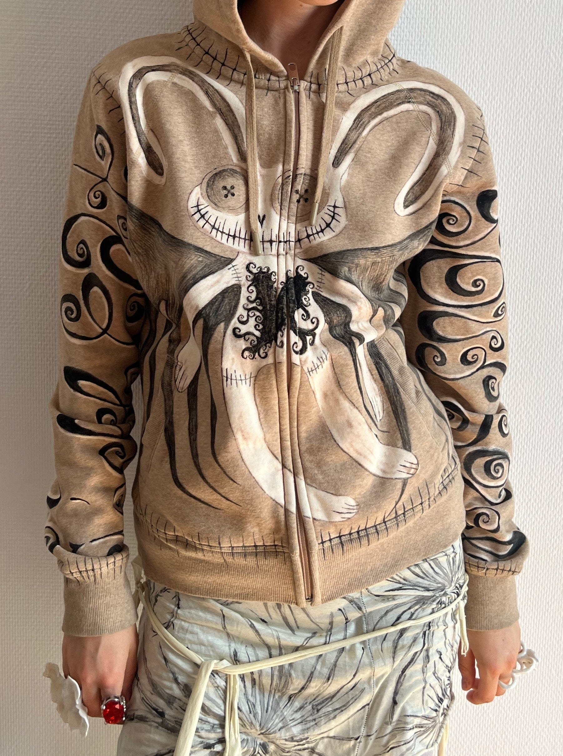 1 OF 1 EVIL BUNNY BEIGE HOODIE-Anna Castellano-APOC STORE