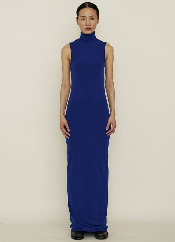 Blue Skinny High Neck Sleeveless Maxi Dress-arc us arkus-APOC STORE