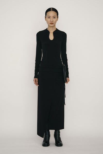 long black skinny dress Black Skinny Long-Sleeve Mandarin Collar Maxi Dress APOC STORE