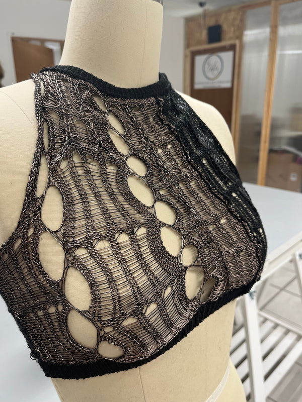 METALLIC MESH CROPPED KNIT TOP-Sania Parvez-APOC STORE