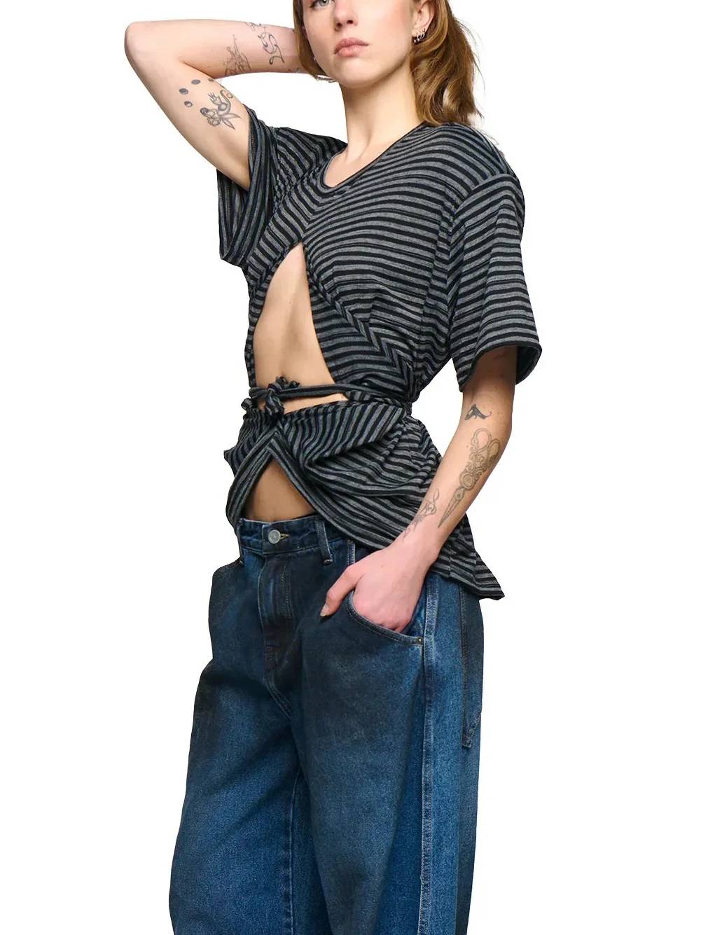 Scrunch T-Shirt - Charcoal Stripe-Karlaidlaw-APOC STORE