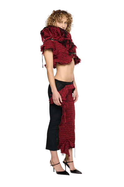 Eroded Tweed Mesh Midi Skirt - Red