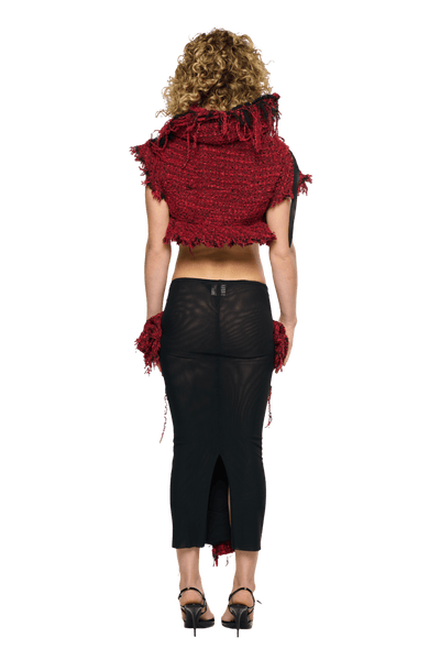 Eroded Tweed Mesh Midi Skirt - Red