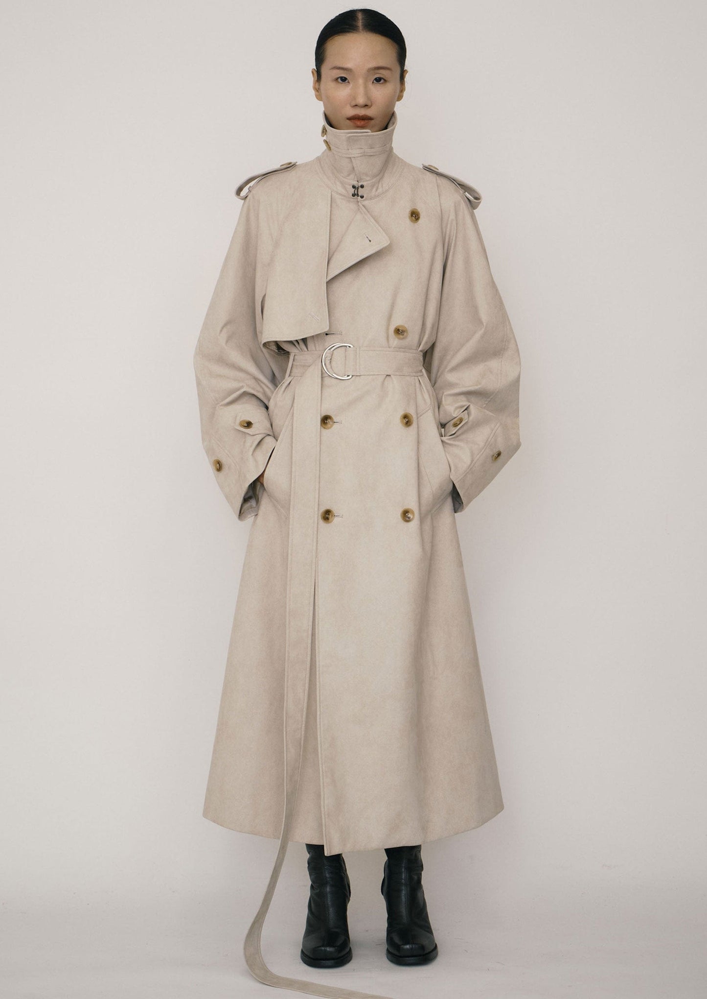 Khaki Faux-Suede Double-breasted Raglan Trench Coat-arc us arkus-APOC STORE