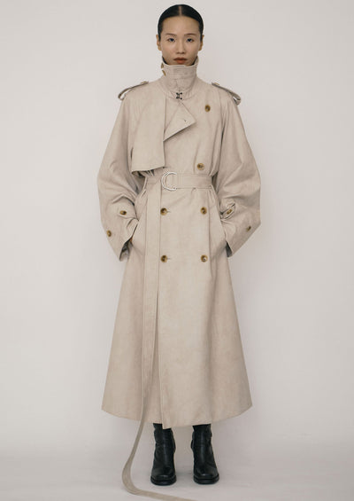 Khaki Faux-Suede Double-breasted Raglan Trench Coat-arc us arkus-APOC STORE