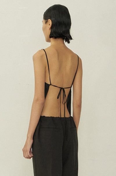 Black Glossy Chiffon Bias Cut Square Neck Open Back Top-arc us arkus-APOC STORE