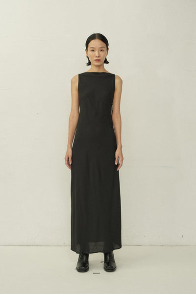 Black Bias Cut Square Neck Open Back Dress-arc us arkus-APOC STORE
