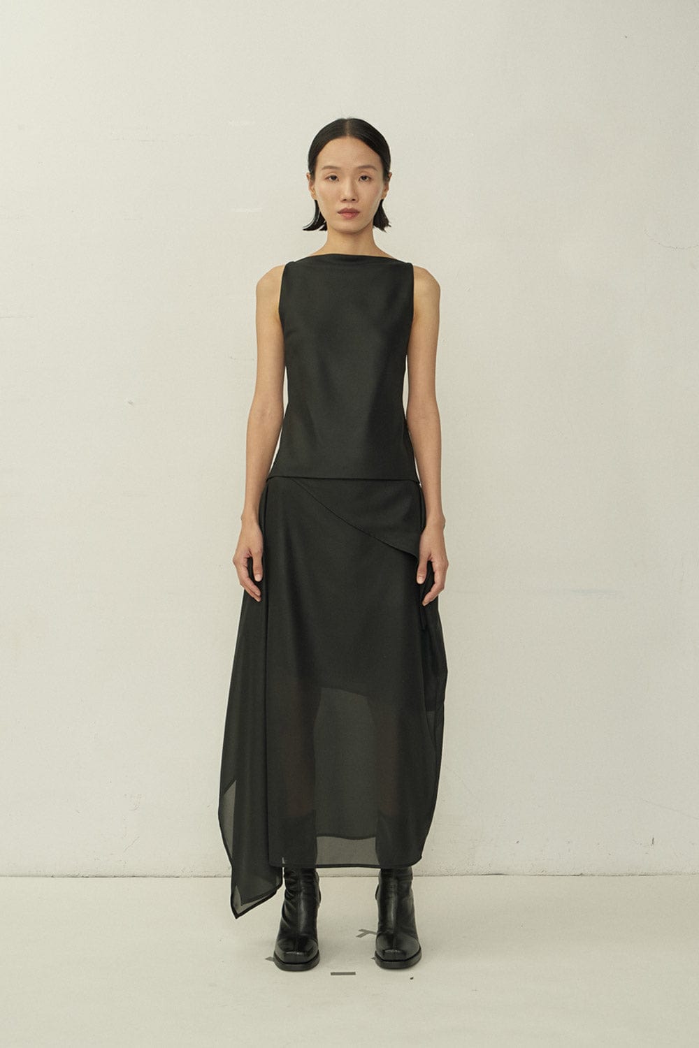 Black Chiffon Asymmetric Cutting Skirt-arc us arkus-APOC STORE