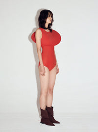 Diagonal pop-up swimsuit in Candy Red-Sun Woo-APOC STORE