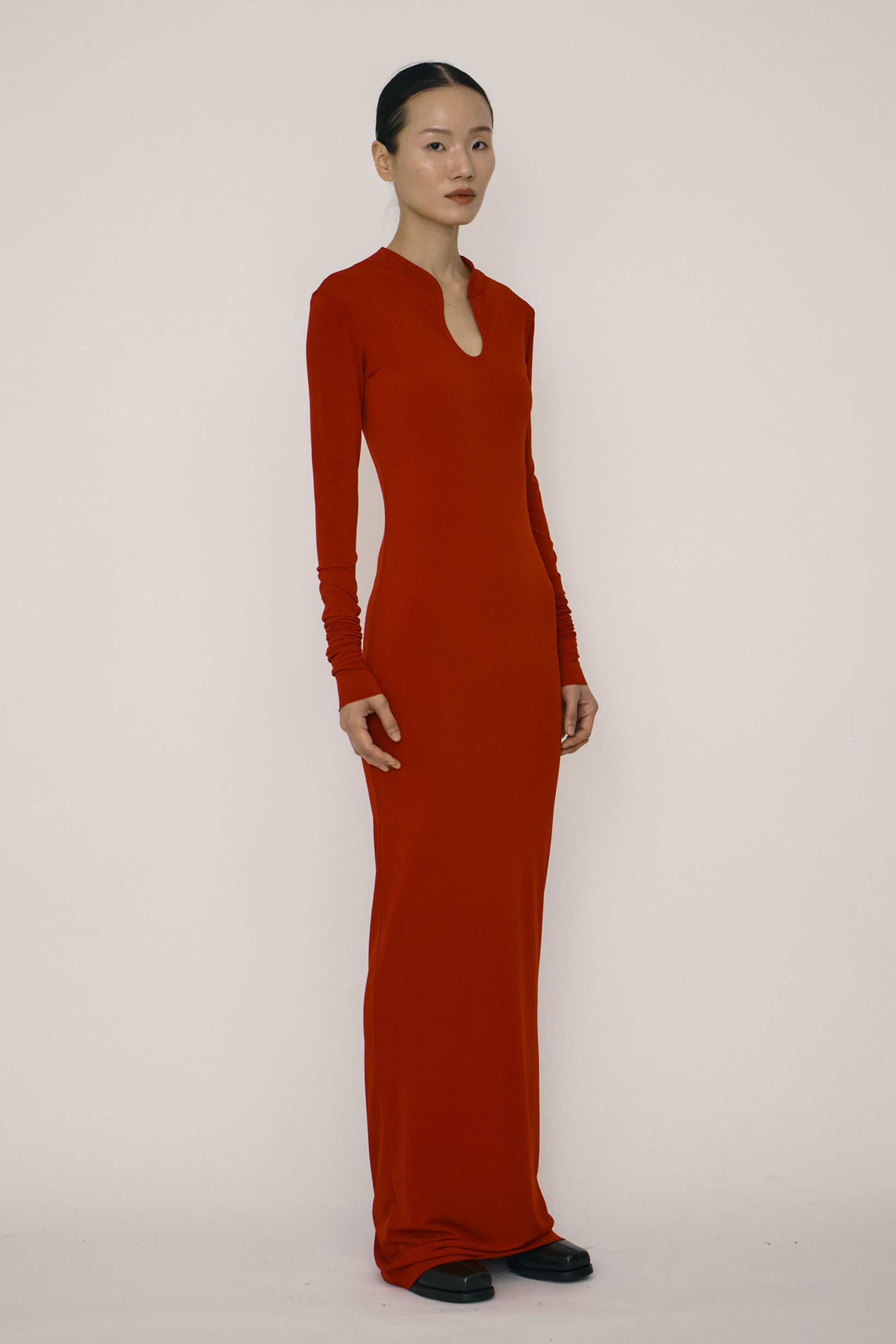 Red Skinny Long-Sleeve Mandarin Collar Maxi Dress-arc us arkus-APOC STORE