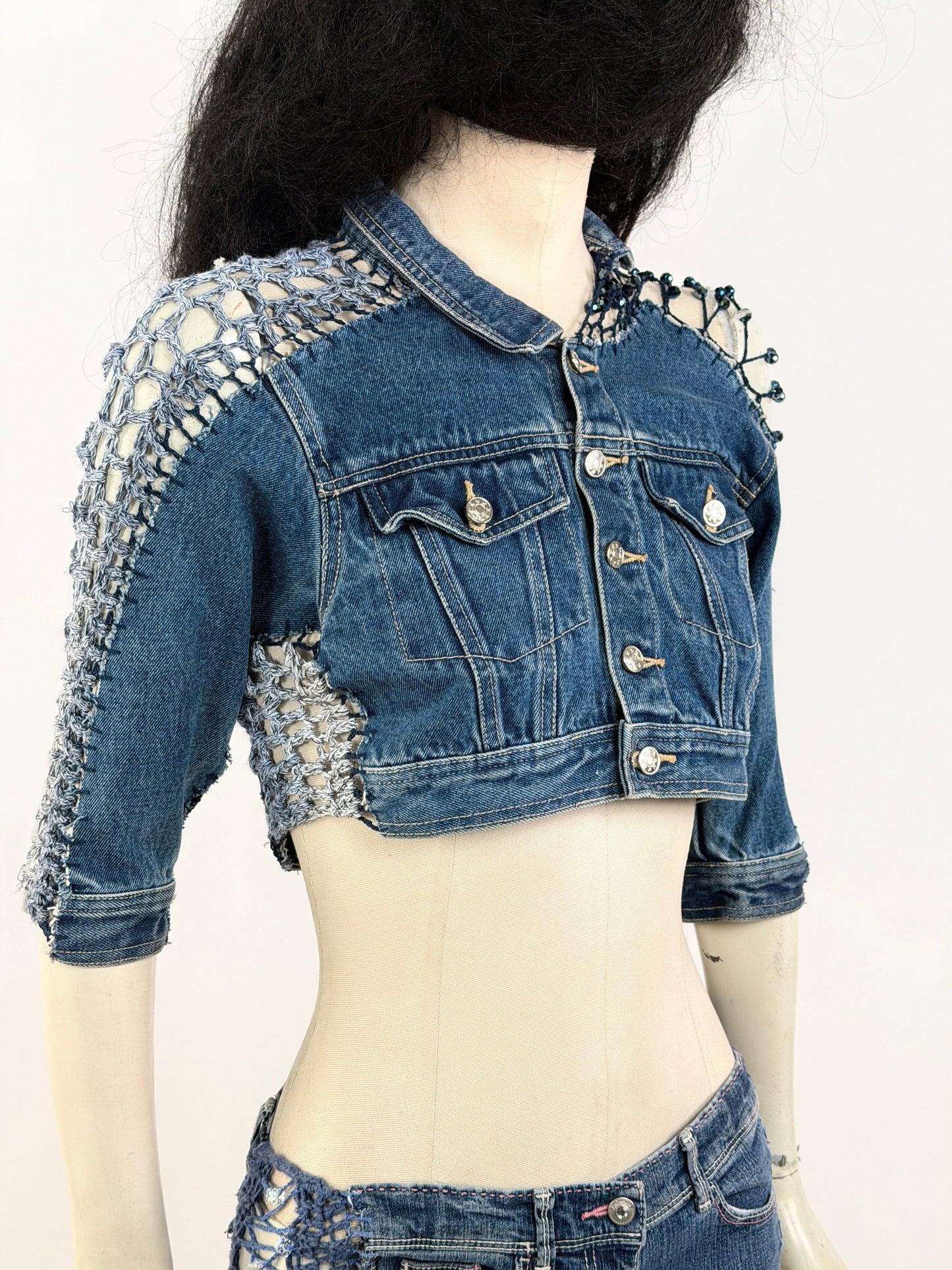 Crocheted Mini Denim Jacket-Lou de Bètoly-APOC STORE