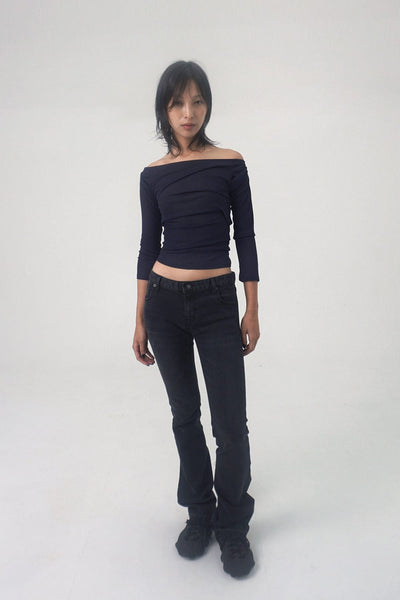draping off-shoulder top navy-Lalameemee-APOC STORE