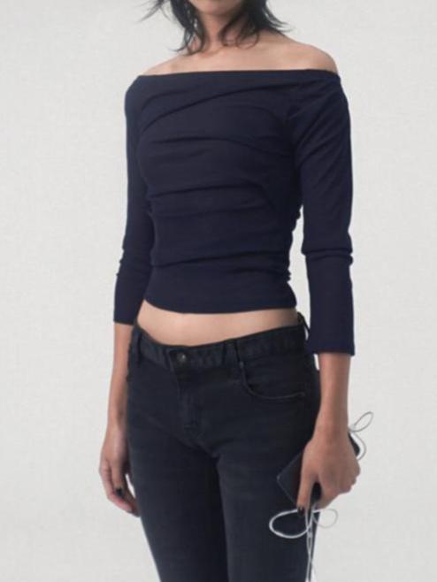 draping off-shoulder top navy-Lalameemee-APOC STORE