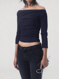 draping off-shoulder top navy-Lalameemee-APOC STORE