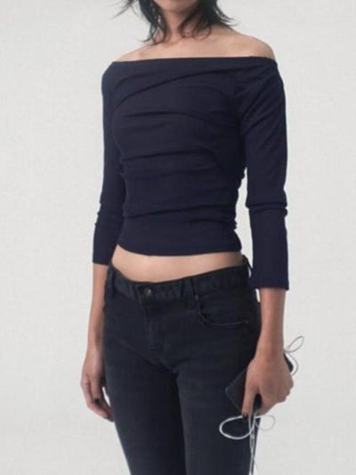 draping off-shoulder top navy-Lalameemee-APOC STORE
