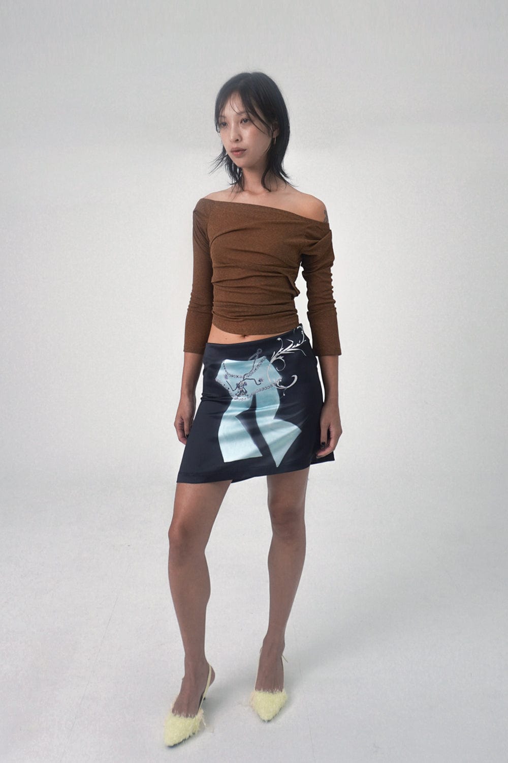 draping off-shoulder top brown-Lalameemee-APOC STORE