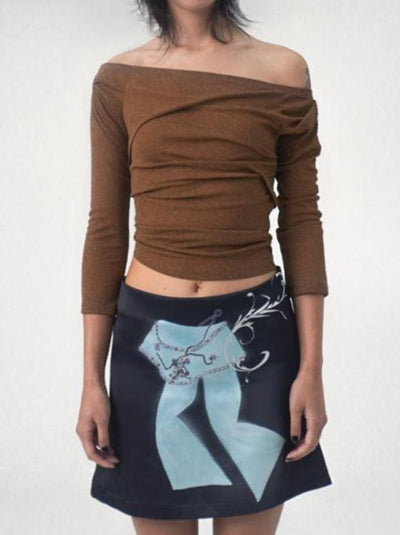 draping off-shoulder top brown-Lalameemee-APOC STORE