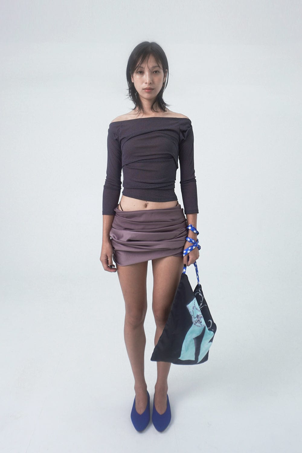draping off-shoulder top dark grey-Lalameemee-APOC STORE