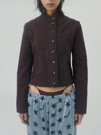 WASHED BIKER JACKET BROWN-Lalameemee-APOC STORE