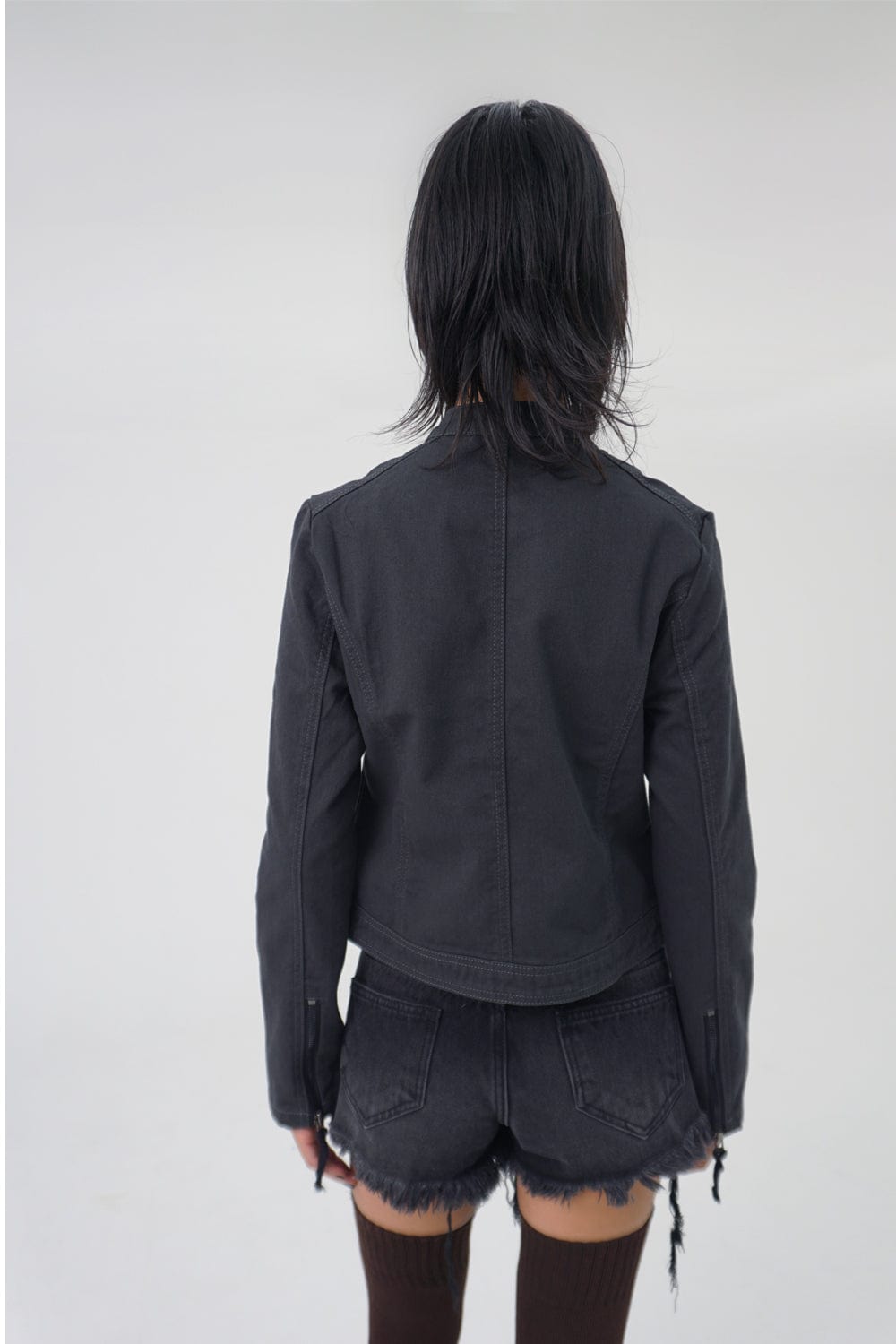 WASHED BIKER JACKET KHAKISH DARK GREY-Lalameemee-APOC STORE