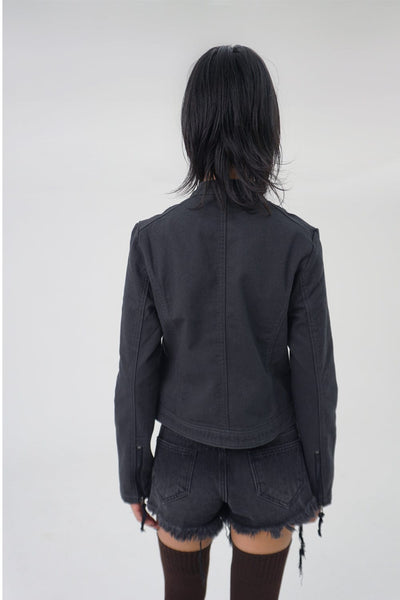 WASHED BIKER JACKET KHAKISH DARK GREY-Lalameemee-APOC STORE