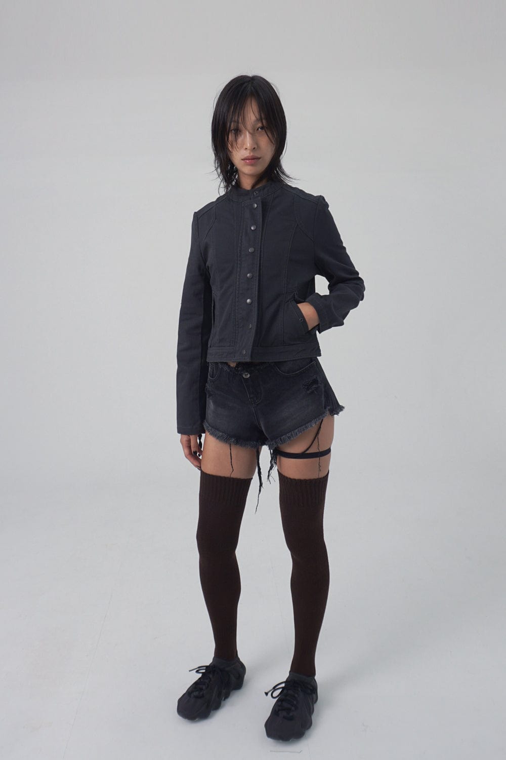 WASHED BIKER JACKET KHAKISH DARK GREY-Lalameemee-APOC STORE