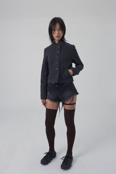 WASHED BIKER JACKET KHAKISH DARK GREY-Lalameemee-APOC STORE