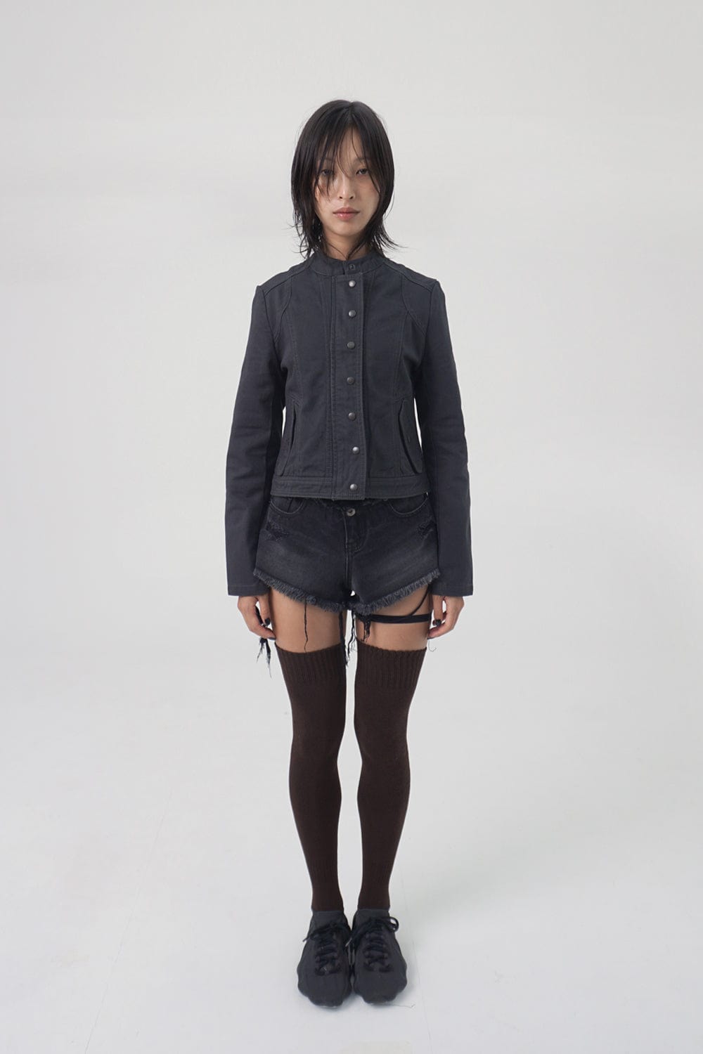 WASHED BIKER JACKET KHAKISH DARK GREY-Lalameemee-APOC STORE