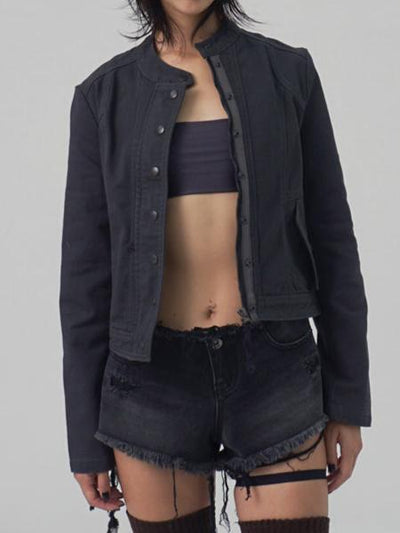 WASHED BIKER JACKET KHAKISH DARK GREY-Lalameemee-APOC STORE